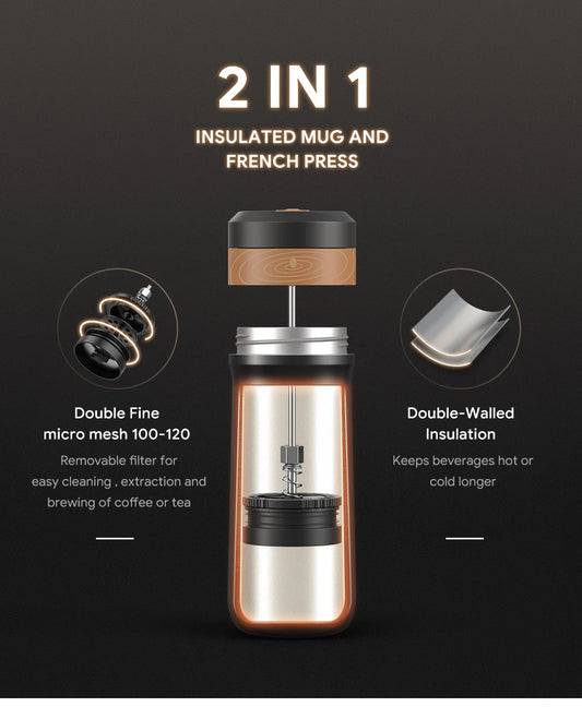 i Cafilas 12oz French Press Coffee Maker Vacuum Insulated Travel Coffee Mug Coffee Press Stainless Steel Hot/Cold Brew