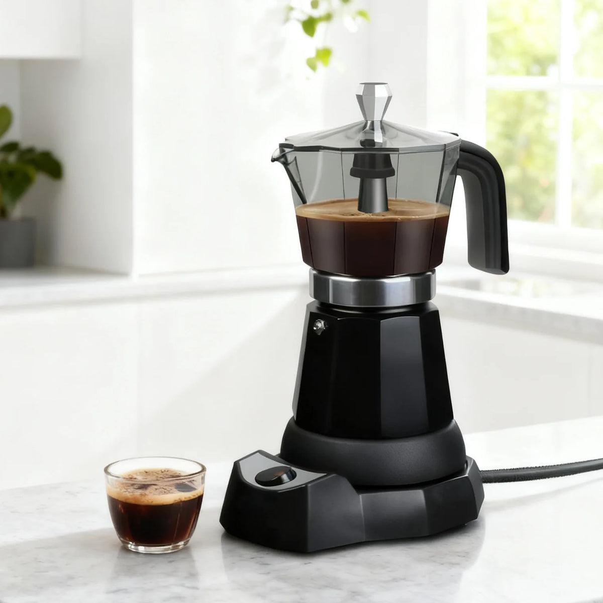 480W Electric Coffee Maker 300ml/6 Cups Home Aluminum Mocha Pot Portable Electric Italian Coffee Maker Percolator for Home Black