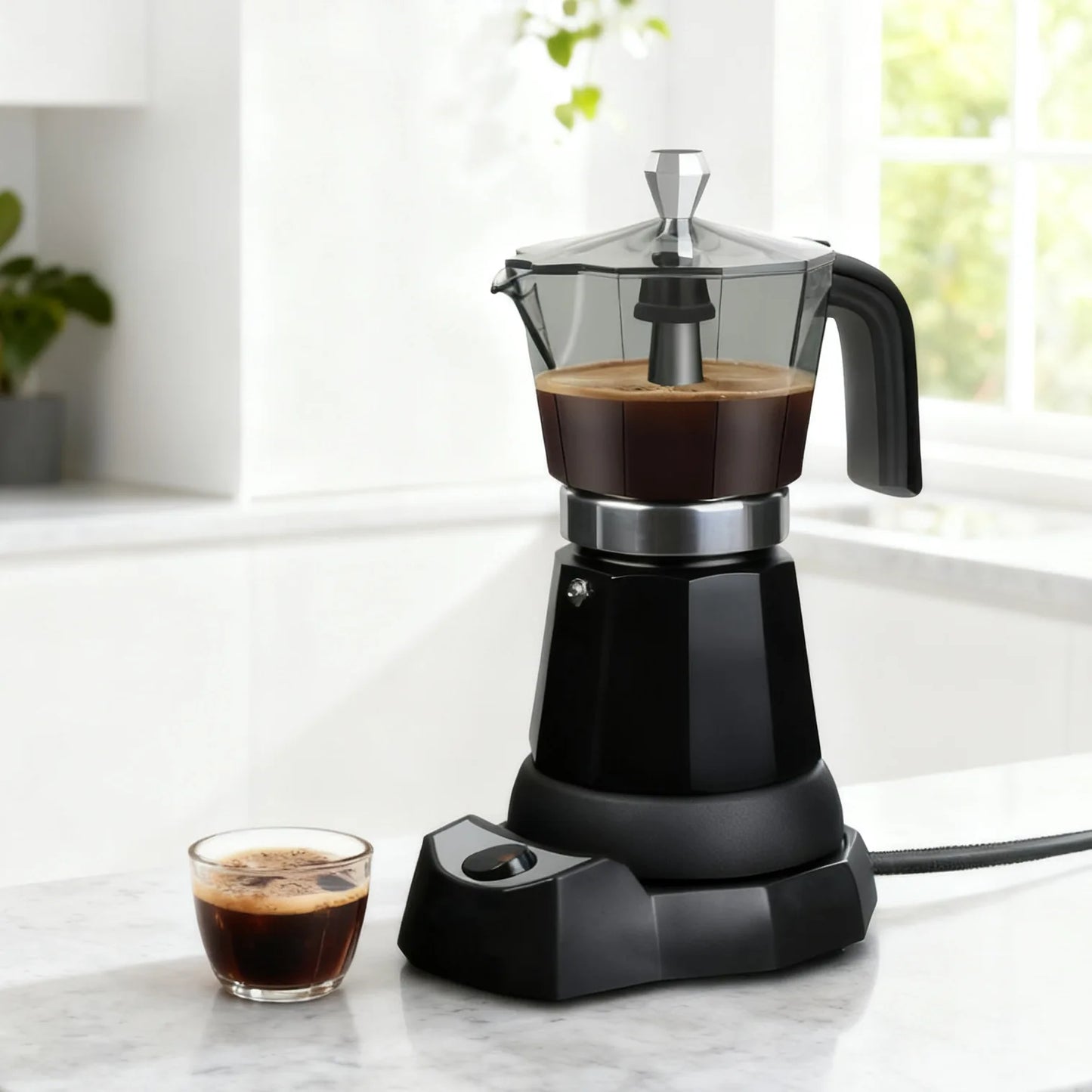 480W Electric Coffee Maker 300ml/6 Cups Home Aluminum Mocha Pot Portable Electric Italian Coffee Maker Percolator for Home Black