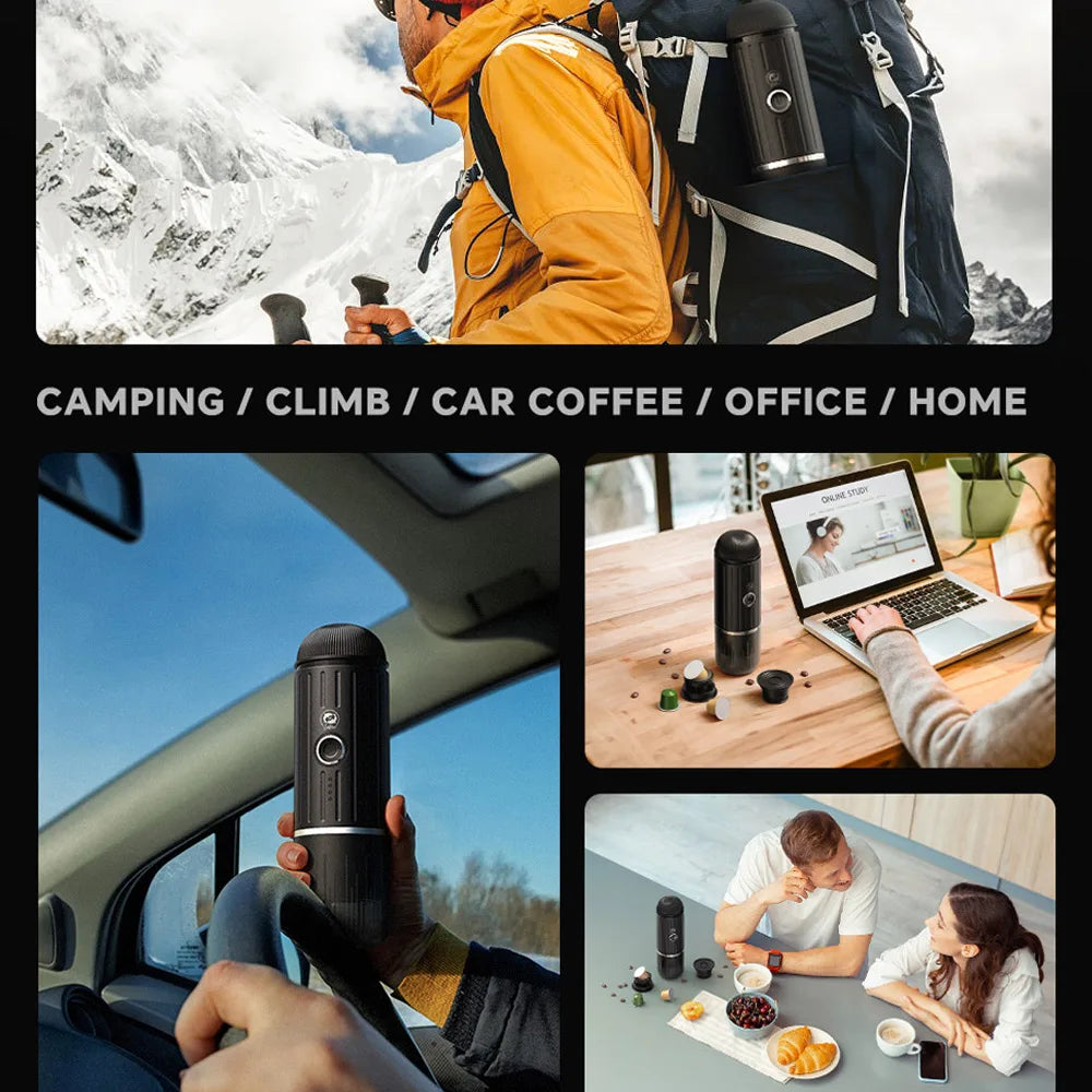 Electric Portable Espresso Coffee Machine for Car & Home Camping Coffee Maker 2-in-1 Capsule Powder WirelessTravel Coffee Make