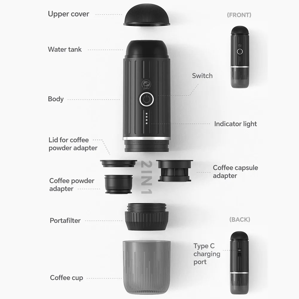 Electric Portable Espresso Coffee Machine for Car & Home Camping Coffee Maker 2-in-1 Capsule Powder WirelessTravel Coffee Make