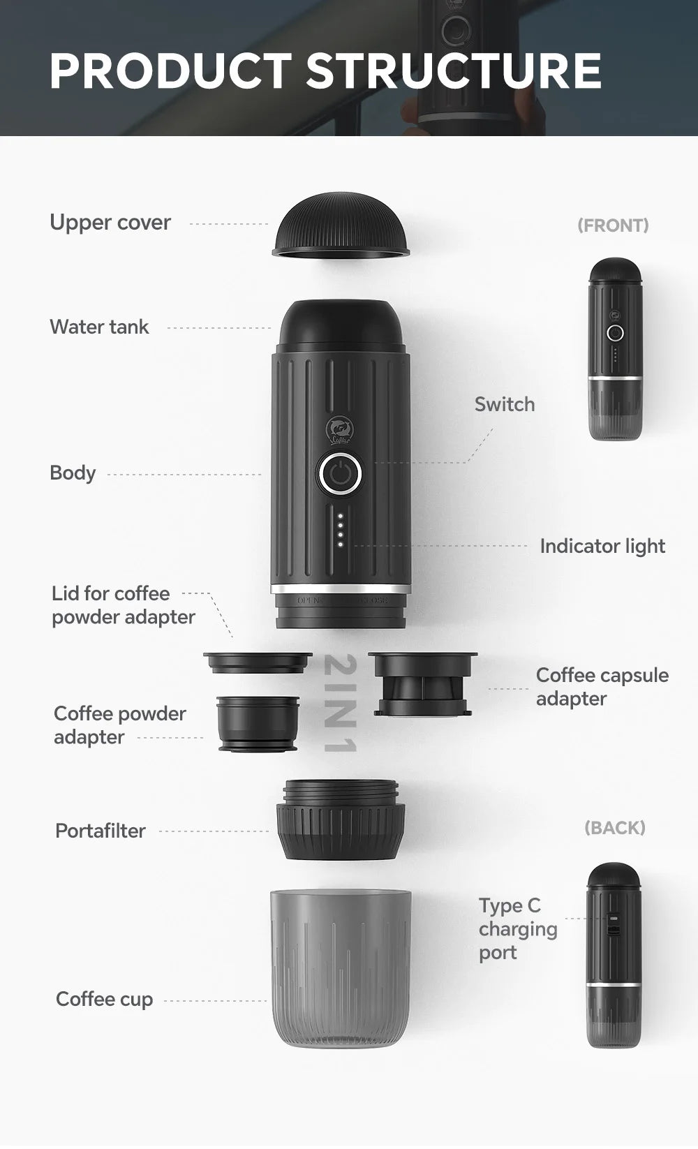 Electric Portable Espresso Coffee Machine for Car & Home Camping Coffee Maker 2-in-1 Capsule Powder WirelessTravel Coffee Make