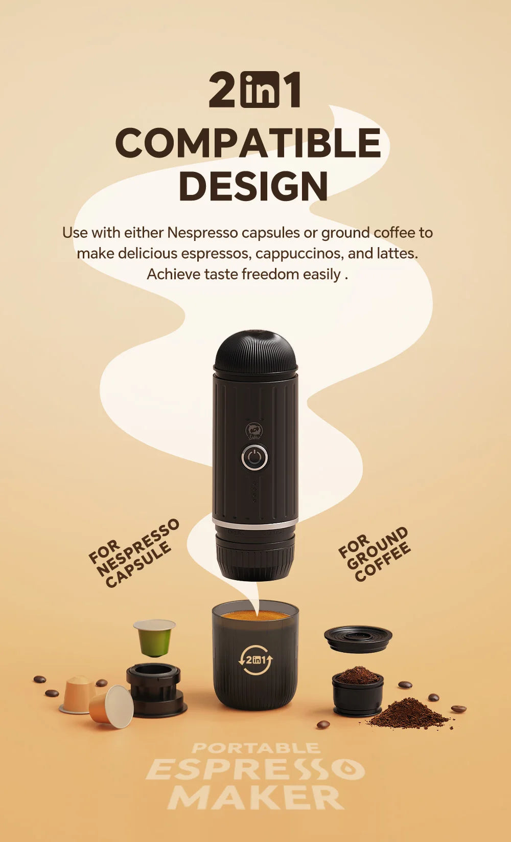 Electric Portable Espresso Coffee Machine for Car & Home Camping Coffee Maker 2-in-1 Capsule Powder WirelessTravel Coffee Make