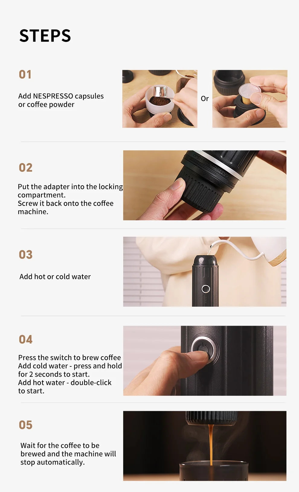Electric Portable Espresso Coffee Machine for Car & Home Camping Coffee Maker 2-in-1 Capsule Powder WirelessTravel Coffee Make