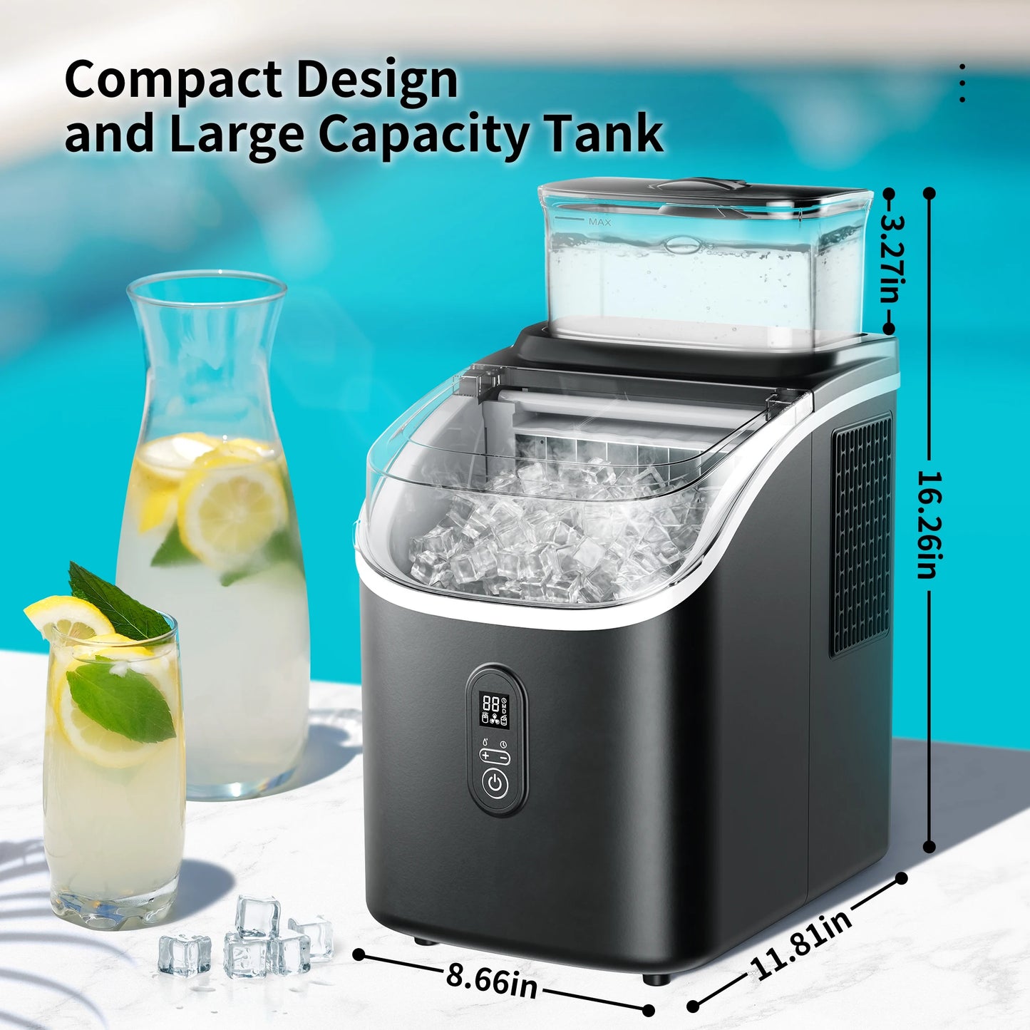 SIMZLIFE Ice Cube Maker Machine with External Water Tank 34Lbs, 16Pcs Ready in 13 Mins Auto-Cleaning for Home Kitchen Office Bar