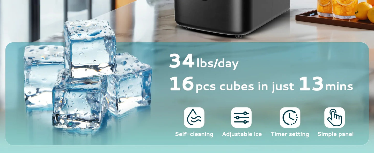 SIMZLIFE Ice Cube Maker Machine with External Water Tank 34Lbs, 16Pcs Ready in 13 Mins Auto-Cleaning for Home Kitchen Office Bar