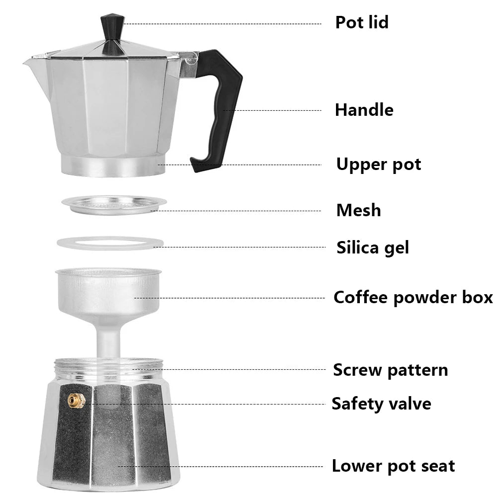 Moka Pot Italian Coffee Machine Espresso Aluminum Geyser Coffee Maker Kettle Latte Stove Classic Coffeeware Barista Accessories