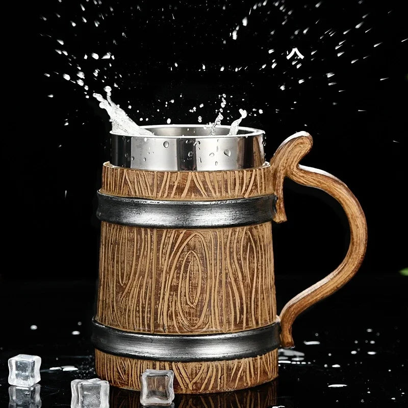 Wooden Beer Mug 600ml Germany Wood Grain 304 Stainless Steel Medieval Tavern Imitation Barrel Tankard Coffee Cup Men Gift Retro