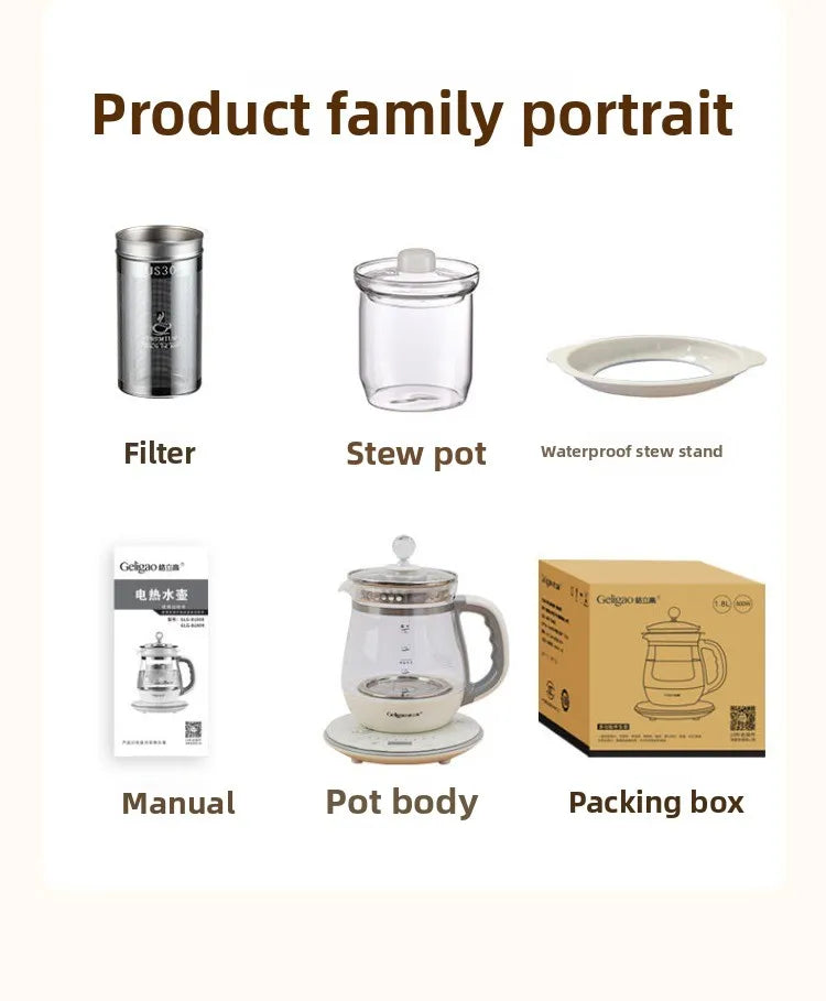 220V Geligao Automatic Double Boiler Health Kettle Thick Glass Multi Function Electric Tea Maker