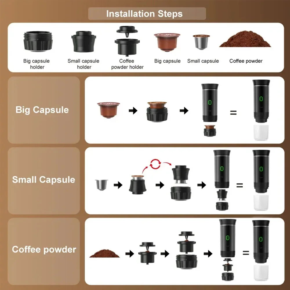 Portable Espresso Machine Mini Espresso Maker Self Heating Coffee Maker Compatible with Ground Coffee Capsule for Camping