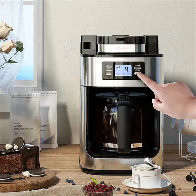 1500W Automatic Coffee Maker - Office/Home All-in-One Drip with Grinder, Fast Brew, Stainless Steel Black, Easy Clean