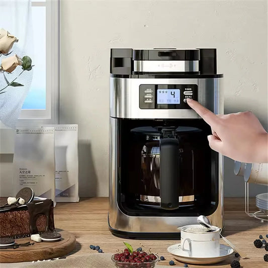 1500W Automatic Coffee Maker - Office/Home All-in-One Drip with Grinder, Fast Brew, Stainless Steel Black, Easy Clean