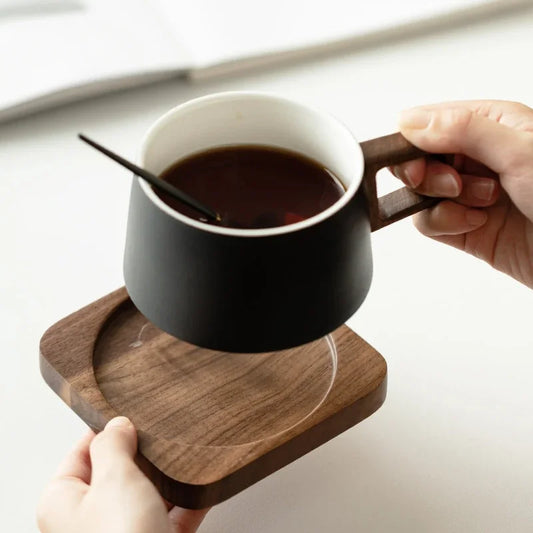 Coffee Cup Solid Wood Coaster Set Ceramic High-grade Exquisite Household Drinking Mug Milk Cup