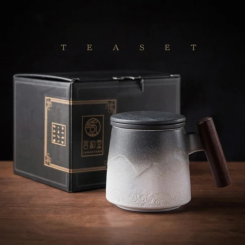 Beautiful Tea Mugs Ceramic Vintage Tea Coffee Cup Beer Large Mug with Infuser Lid Wooden Handle Tableware Personalized Gifts