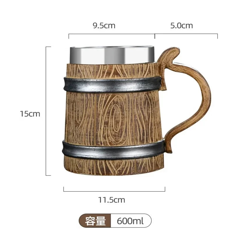 Wooden Beer Mug 600ml Germany Wood Grain 304 Stainless Steel Medieval Tavern Imitation Barrel Tankard Coffee Cup Men Gift Retro