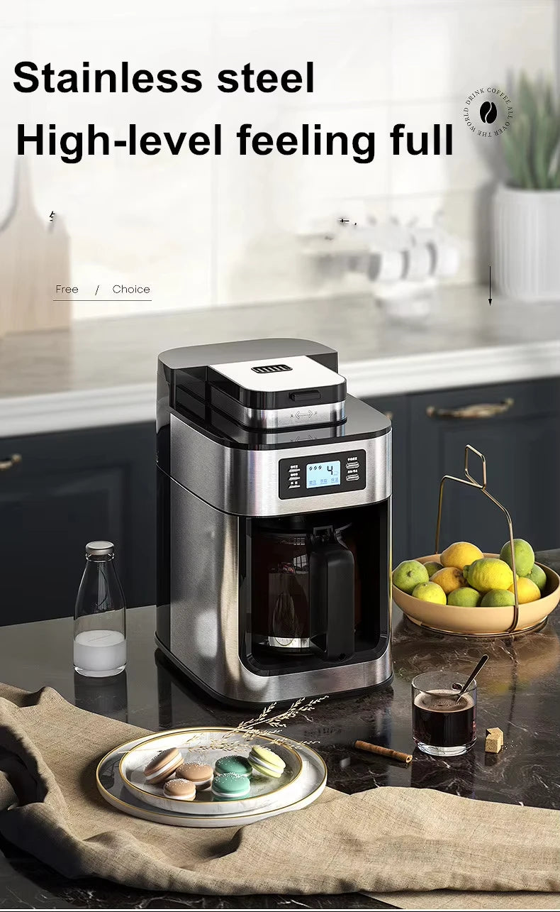 1500W Automatic Coffee Maker - Office/Home All-in-One Drip with Grinder, Fast Brew, Stainless Steel Black, Easy Clean