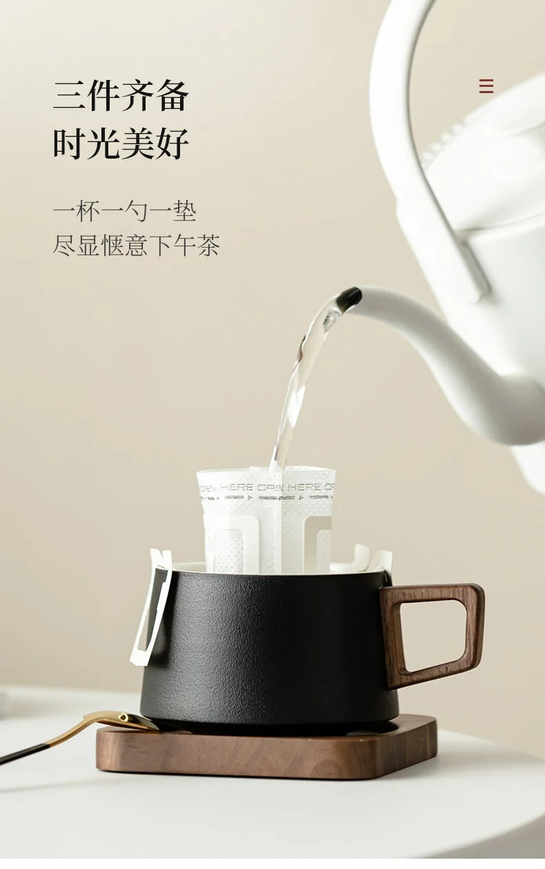 Coffee Cup Solid Wood Coaster Set Ceramic High-grade Exquisite Household Drinking Mug Milk Cup