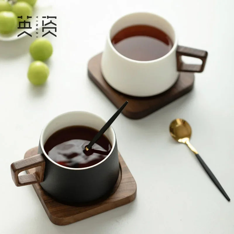 Coffee Cup Solid Wood Coaster Set Ceramic High-grade Exquisite Household Drinking Mug Milk Cup