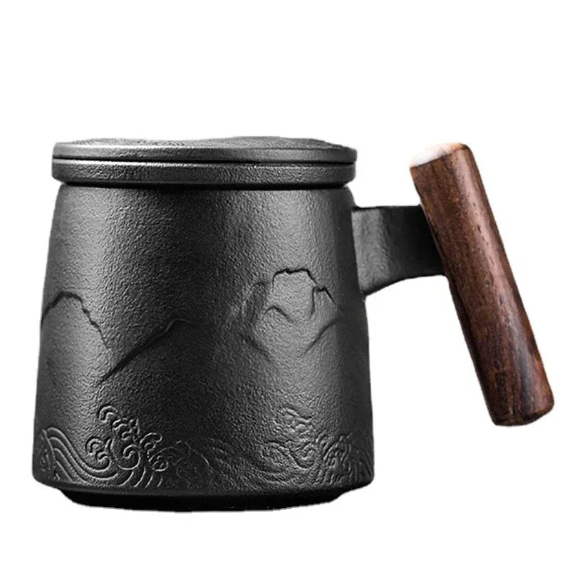 Beautiful Tea Mugs Ceramic Vintage Tea Coffee Cup Beer Large Mug with Infuser Lid Wooden Handle Tableware Personalized Gifts