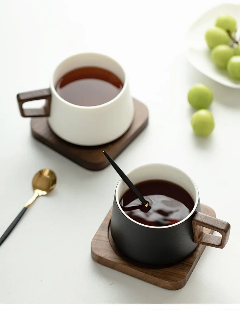 Coffee Cup Solid Wood Coaster Set Ceramic High-grade Exquisite Household Drinking Mug Milk Cup