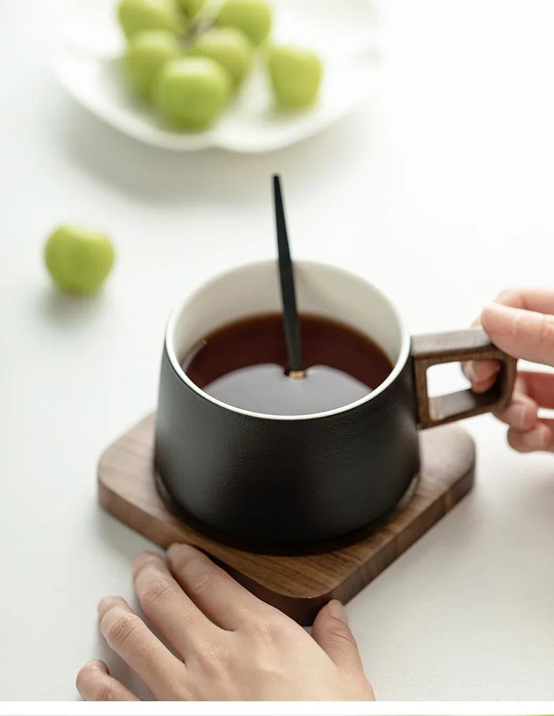 Coffee Cup Solid Wood Coaster Set Ceramic High-grade Exquisite Household Drinking Mug Milk Cup