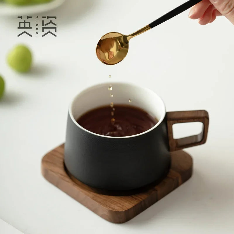 Coffee Cup Solid Wood Coaster Set Ceramic High-grade Exquisite Household Drinking Mug Milk Cup
