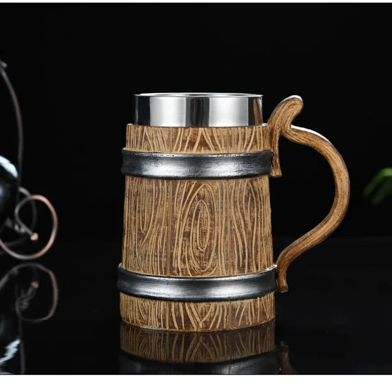 Wooden Beer Mug 600ml Germany Wood Grain 304 Stainless Steel Medieval Tavern Imitation Barrel Tankard Coffee Cup Men Gift Retro
