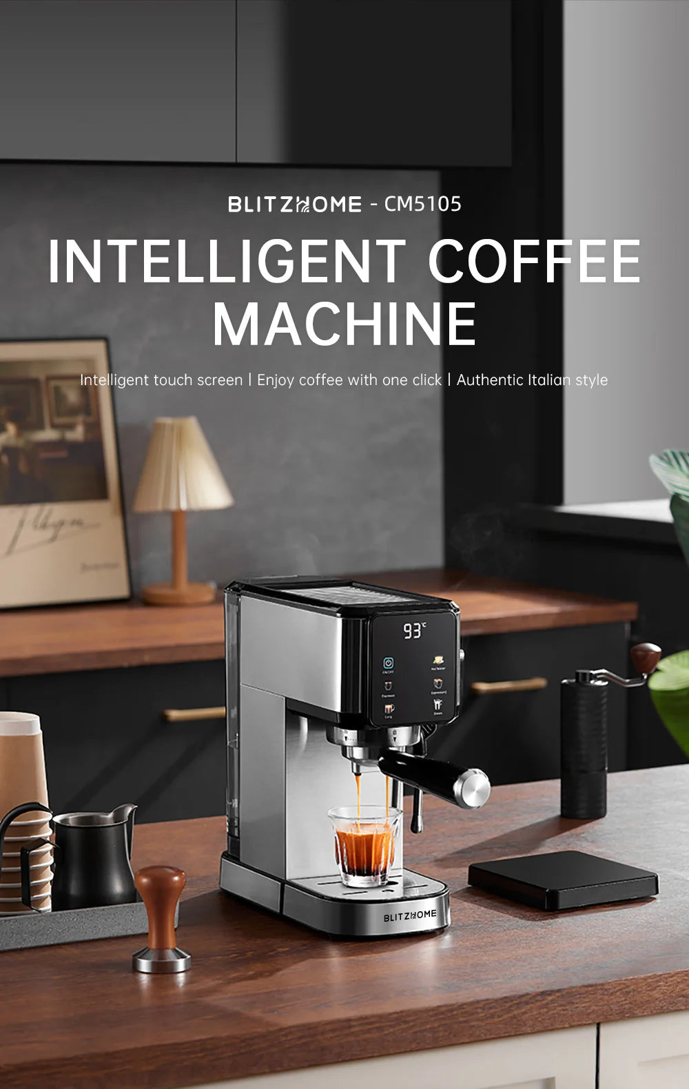 BlitzHome CM5105 Semi-Automatic Espresso Coffee Machine 20Bar 1350W with Touchscreen Control Cup Warmer 1L Removable Water Tank