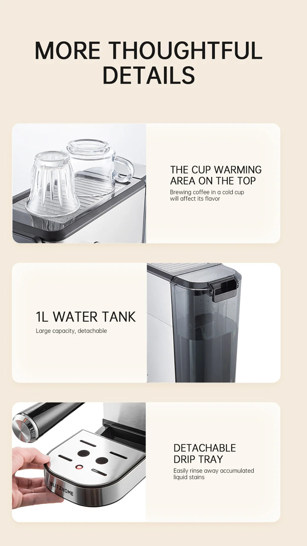 BlitzHome CM5105 Semi-Automatic Espresso Coffee Machine 20Bar 1350W with Touchscreen Control Cup Warmer 1L Removable Water Tank