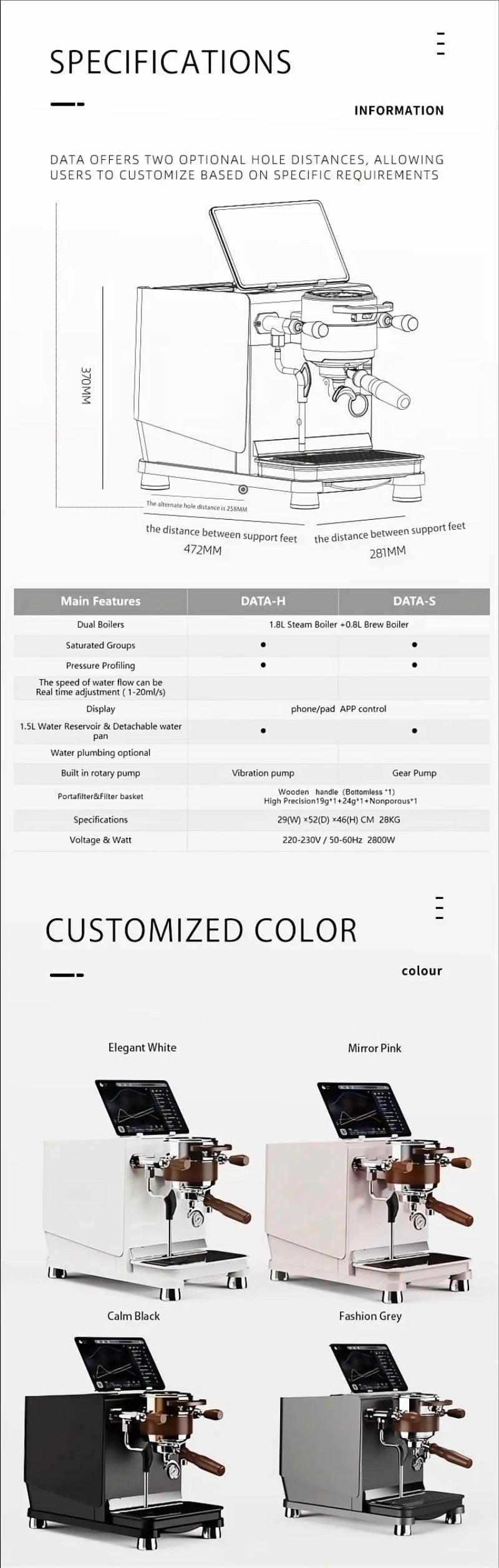 Coffee Maker Data-s,Water Tank Version 220V 50-60Hz, Italian Semi-automatic, 9Bar Dual Boiler,Pressure Swing Extraction,No paid