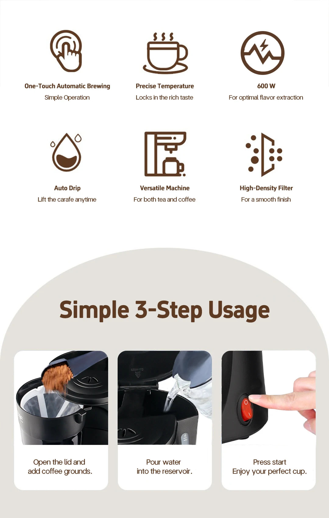 Drip Coffee Maker - Automatic Home Coffee Machine with Keep-Warm Function for American Coffee & Tea Brewing in Office