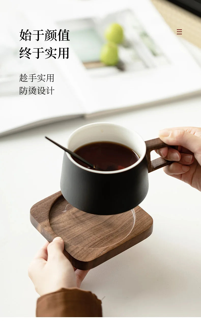Coffee Cup Solid Wood Coaster Set Ceramic High-grade Exquisite Household Drinking Mug Milk Cup