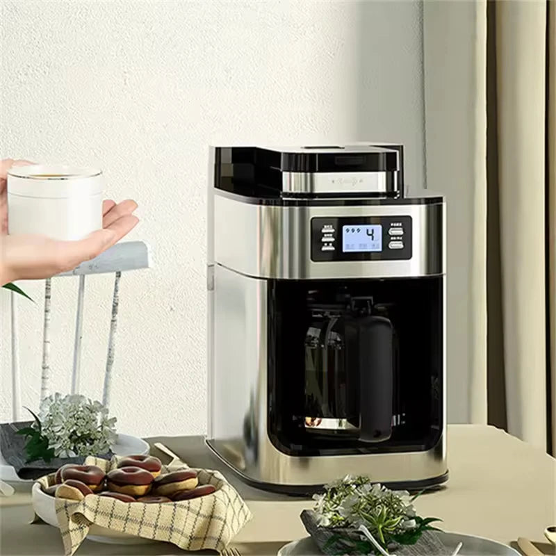 1500W Automatic Coffee Maker - Office/Home All-in-One Drip with Grinder, Fast Brew, Stainless Steel Black, Easy Clean