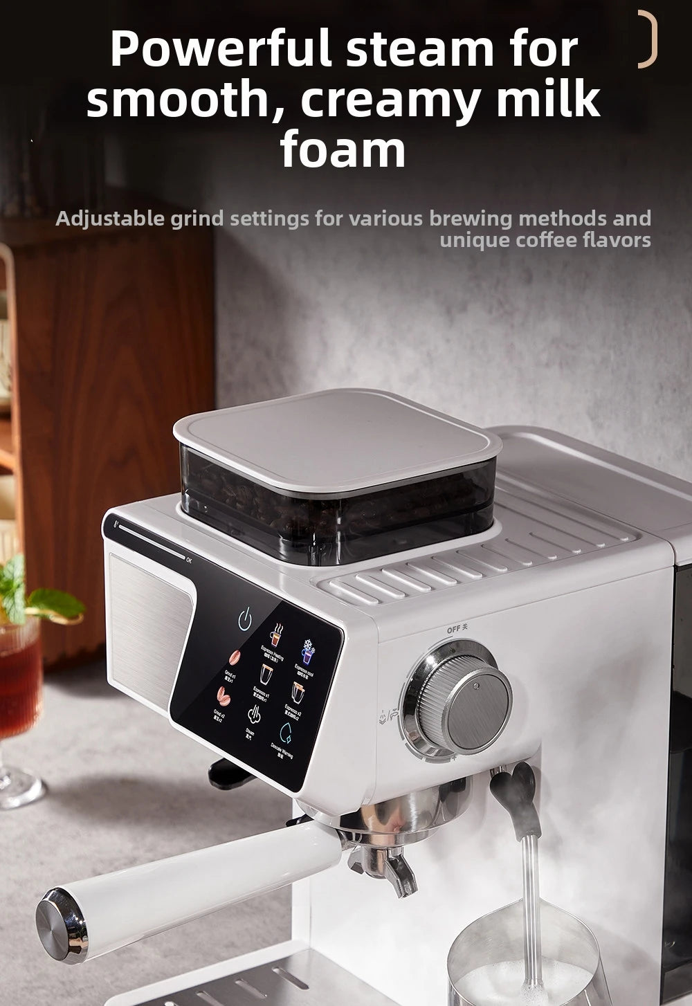 2-in-1 Cold & Hot Coffee Maker with Built-in Grinder & Milk Frother | Compact Espresso Machine for Home, Office & Small Cafés