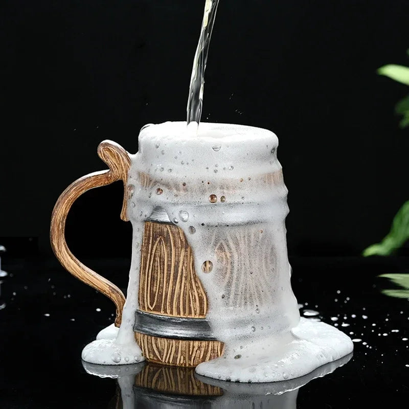 Wooden Beer Mug 600ml Germany Wood Grain 304 Stainless Steel Medieval Tavern Imitation Barrel Tankard Coffee Cup Men Gift Retro