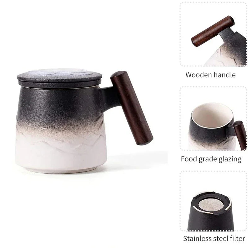 Beautiful Tea Mugs Ceramic Vintage Tea Coffee Cup Beer Large Mug with Infuser Lid Wooden Handle Tableware Personalized Gifts