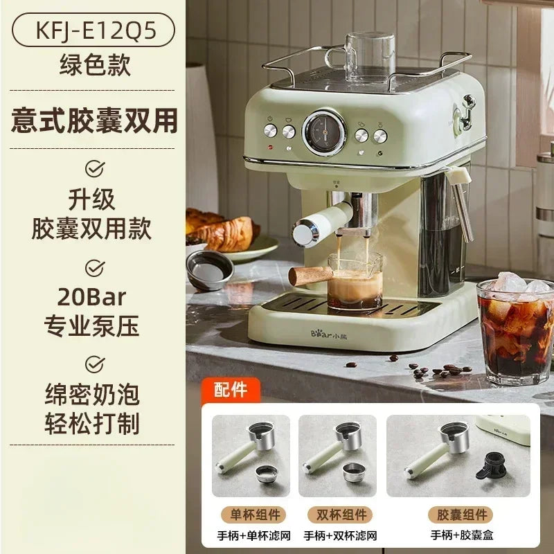 220V Bear Capsule Coffee Maker with Milk Frother, Semi-Automatic Espresso Machine CE