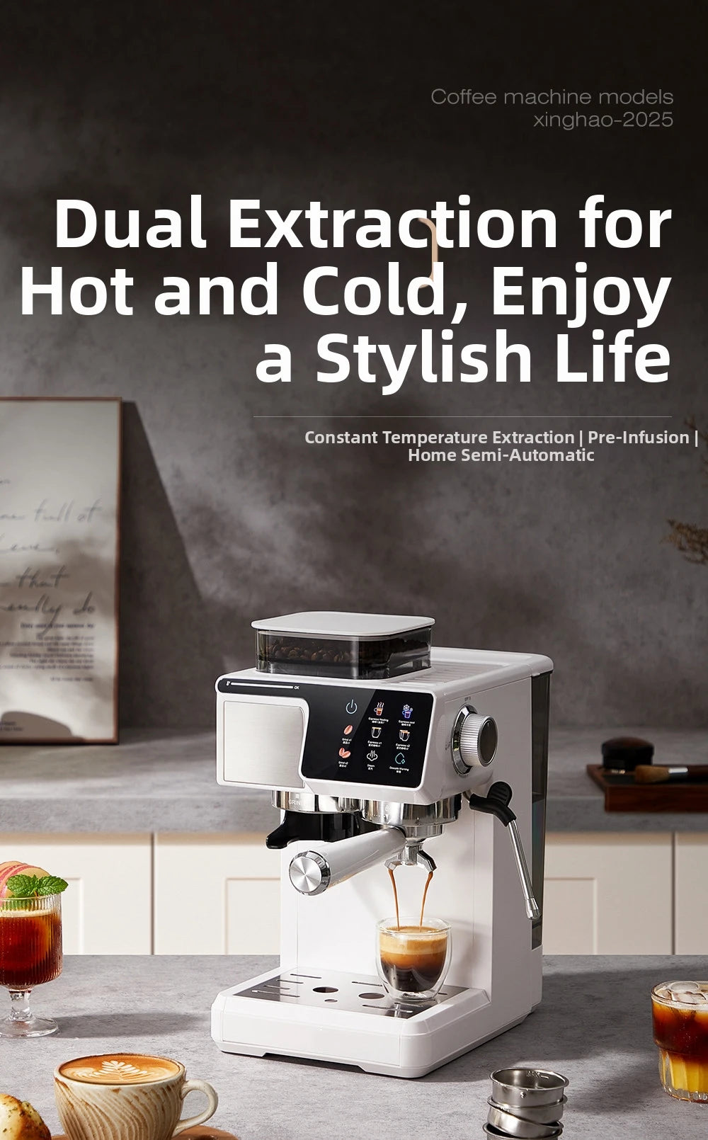 2-in-1 Cold & Hot Coffee Maker with Built-in Grinder & Milk Frother | Compact Espresso Machine for Home, Office & Small Cafés