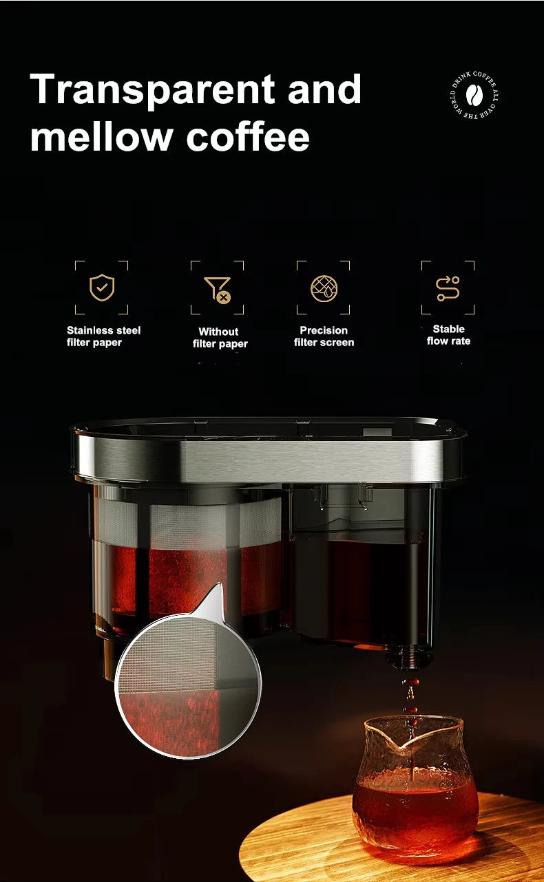1500W Automatic Coffee Maker - Office/Home All-in-One Drip with Grinder, Fast Brew, Stainless Steel Black, Easy Clean