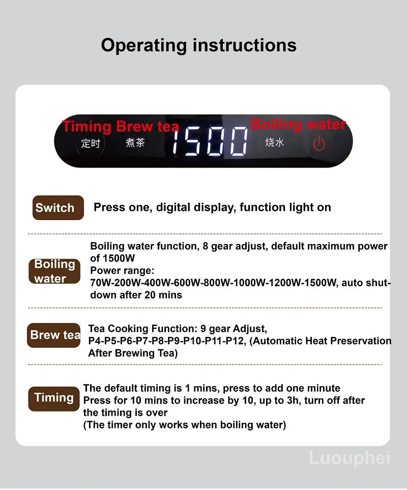 1500W Electric Ceramic Stove Smart Tea Stove Boiling Water Heater 8 Gear Heating Stove Office Timing Tea Maker Auto Keep Warm