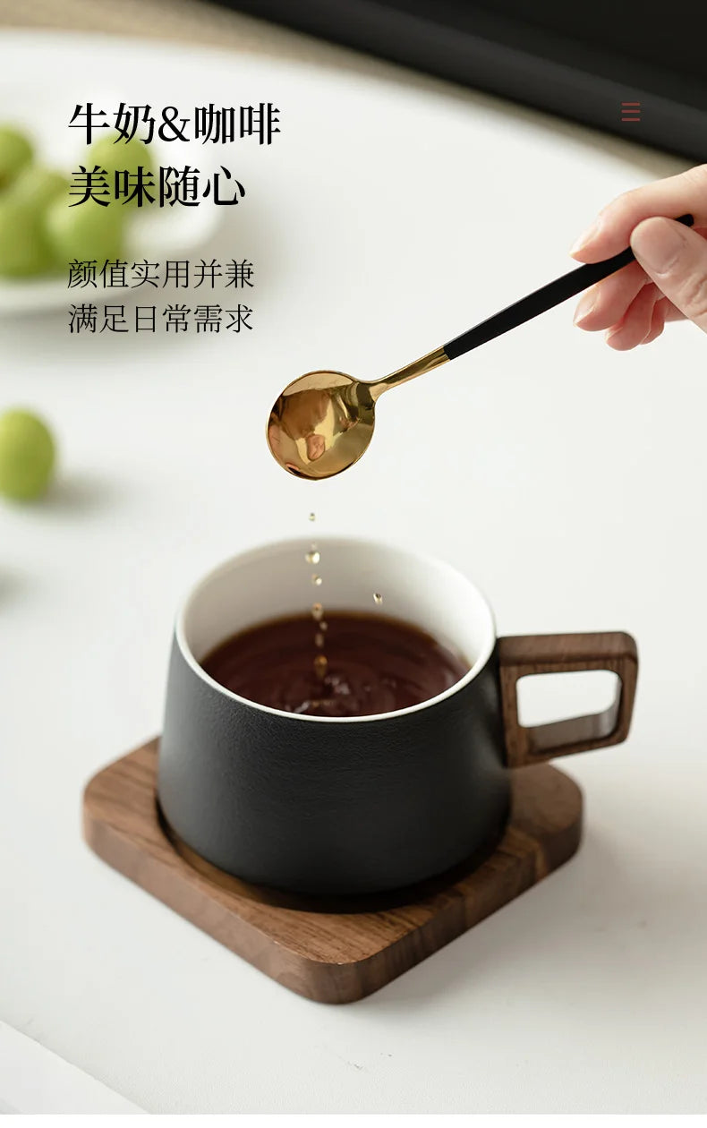 Coffee Cup Solid Wood Coaster Set Ceramic High-grade Exquisite Household Drinking Mug Milk Cup