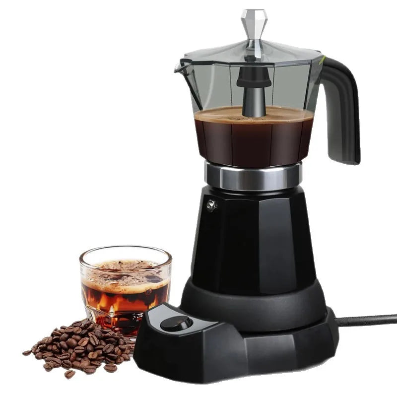480W Electric Coffee Maker 300ml/6 Cups Home Aluminum Mocha Pot Portable Electric Italian Coffee Maker Percolator for Home Black
