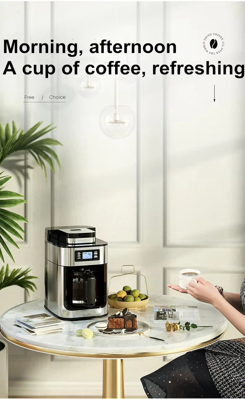 1500W Automatic Coffee Maker - Office/Home All-in-One Drip with Grinder, Fast Brew, Stainless Steel Black, Easy Clean