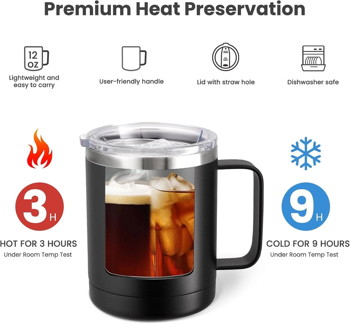 12oz Coffee Mug with Handle Sliding Lid,Stainless Steel Travel Tumbler Cup Double Insulated Camping Cup for Hot & Cold Drink Tea