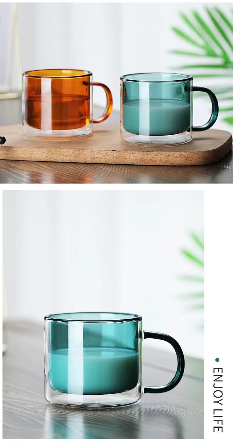 Double Wall Insulated Colorful Glass Cup Clear Espresso Coffee Mugs Handmade Beer Mug Tea Milk Whiskey Glass Cups Drinkware