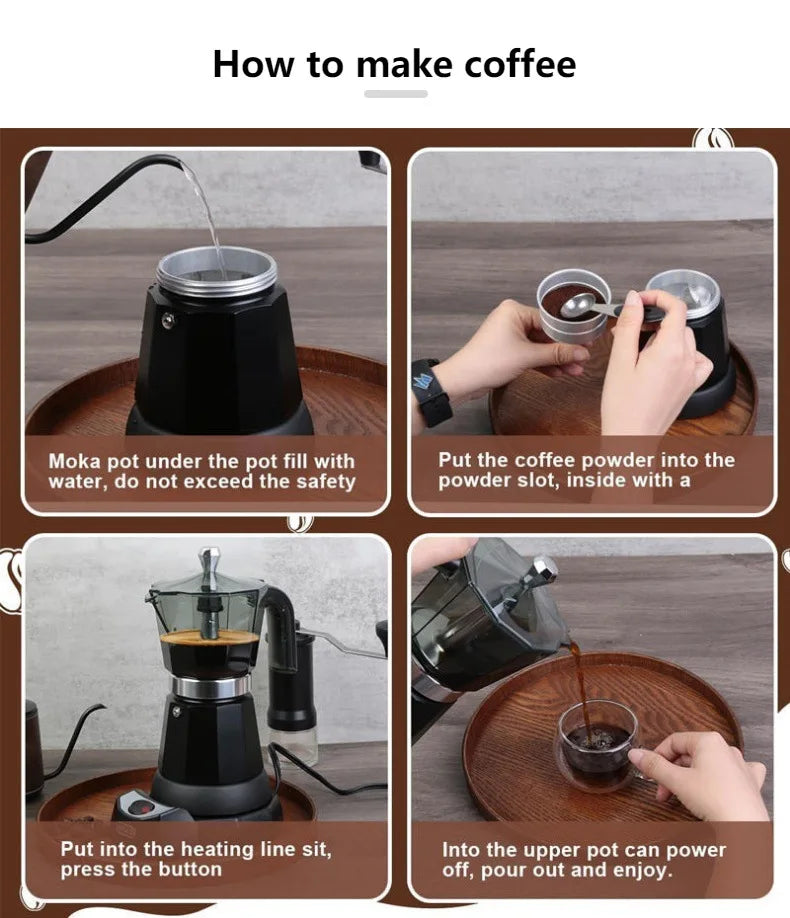 480W Electric Coffee Maker 300ml/6 Cups Home Aluminum Mocha Pot Portable Electric Italian Coffee Maker Percolator for Home Black