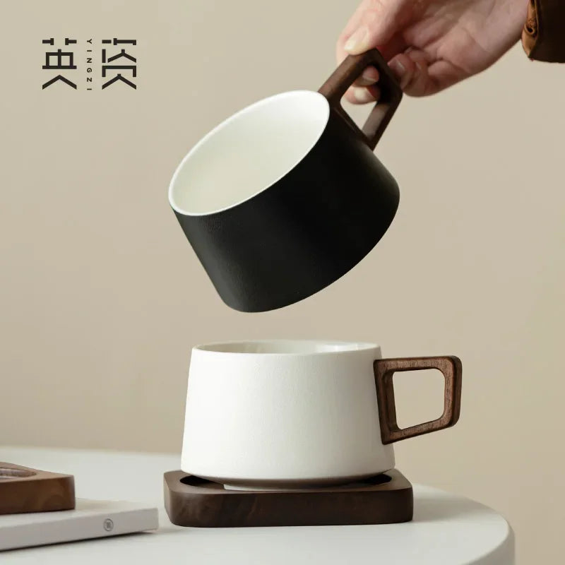 Coffee Cup Solid Wood Coaster Set Ceramic High-grade Exquisite Household Drinking Mug Milk Cup