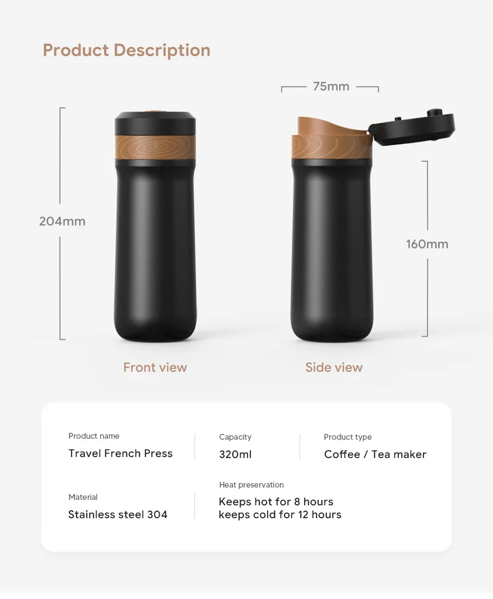 i Cafilas 12oz French Press Coffee Maker Vacuum Insulated Travel Coffee Mug Coffee Press Stainless Steel  Hot/Cold Brew