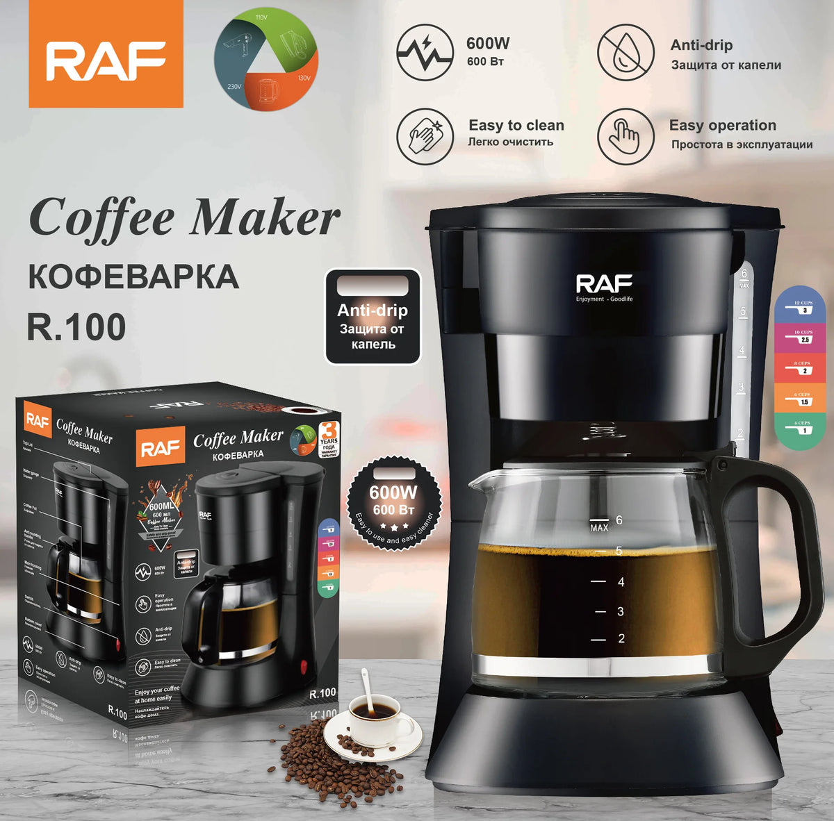 Drip Coffee Maker - Automatic Home Coffee Machine with Keep-Warm Function for American Coffee & Tea Brewing in Office