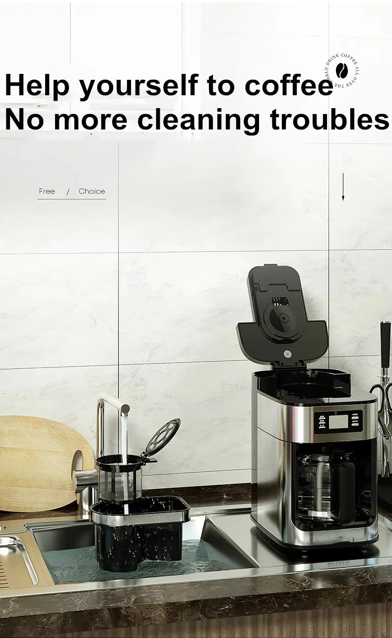 1500W Automatic Coffee Maker - Office/Home All-in-One Drip with Grinder, Fast Brew, Stainless Steel Black, Easy Clean